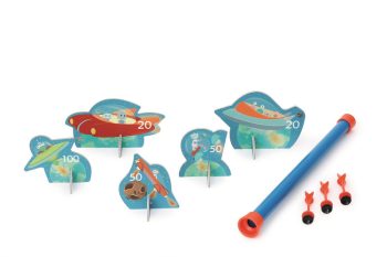 Zestaw do gry zręcznościowej z dmuchawką niebieską 3 czerwone lotki z przyssawkami i 5 celami w kształcie statków kosmicznych. Scratch Dmuchawka XL / 3 lotki przyssawki / 5 celów KOSMOS
