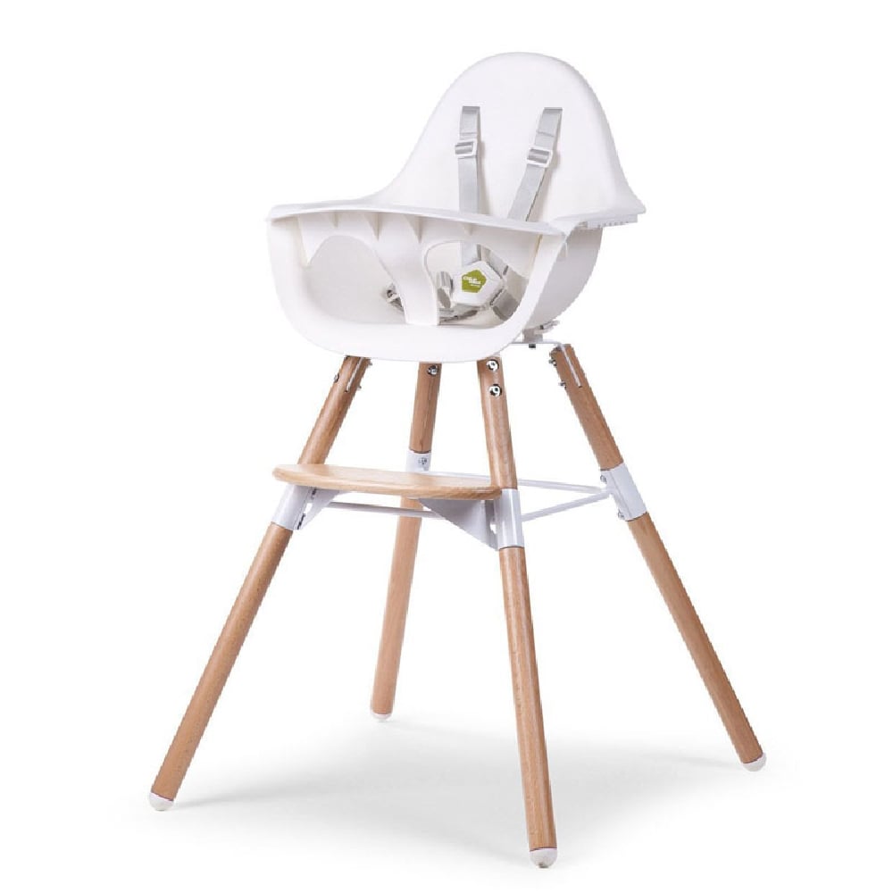 Drewniane krzesełko do karmienia dla dziecka białe z naturalnym drewnem z pasami bezpieczeństwa. Childhome Krzesełko do karmienia Evolu 2 Natural/White
