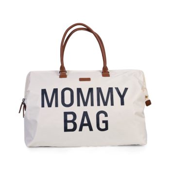 Kremowa torba mommy bag z czarnym napisem i brązowymi uchwytami dla mamy. Childhome Torba Mommy Bag Kremowa