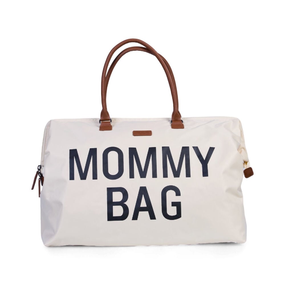Kremowa torba mommy bag z czarnym napisem i brązowymi uchwytami dla mamy. Childhome Torba Mommy Bag Kremowa