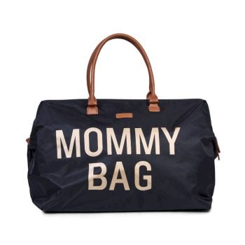 Torba dla mamy czarna z złotym napisem i brązowymi uchwytami. Childhome Torba Mommy Bag Czarno-Złota