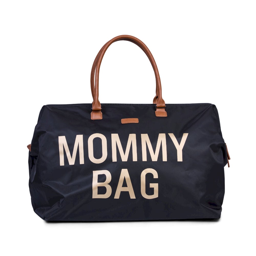 Torba dla mamy czarna z złotym napisem i brązowymi uchwytami. Childhome Torba Mommy Bag Czarno-Złota