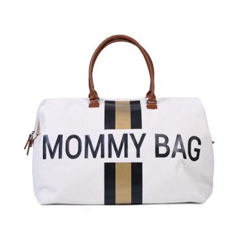 Biała torba Mommy Bag z czarno-złotymi pionowymi paskami i brązowymi uchwytami dla mamy. Childhome Torba Mommy Bag Paski Czarno-Złote