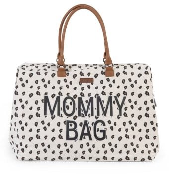 Torba dla mamy w biało czarne cętki wzór leopard z brązowymi uchwytami. Childhome Torba Mommy Bag Leopard