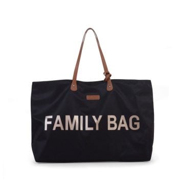 Czarna torba dla mamy z jasnym napisem family bag i brązowymi uchwytami. Childhome Torba Family Bag Czarna