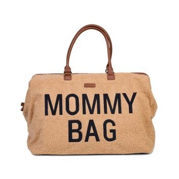 Torba dla mamy z miękkiego materiału w kolorze beżowym z napisem mommy bag. Childhome Torba Mommy Bag Teddy Bear