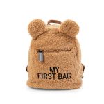 Dziecięcy plecak pluszowy w kolorze brązowym z uszami misia i napisem my first bag. Childhome Plecak dziecięcy My First Bag Teddy Bear