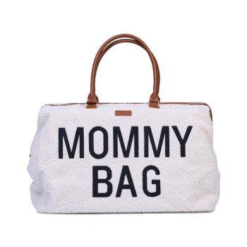Biała torba Mommy Bag z miękkiego materiału z brązowymi uchwytami dla mamy. Childhome Torba Mommy Bag Teddy Bear White (Limited Edition)