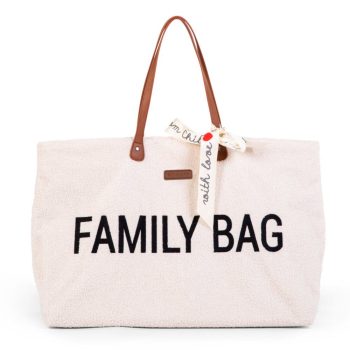 Biała torba dla mamy z napisem family bag i brązowymi uchwytami z materiału przypominającego plusz. Childhome Torba Family Bag Teddy Bear White (Limited Edition)