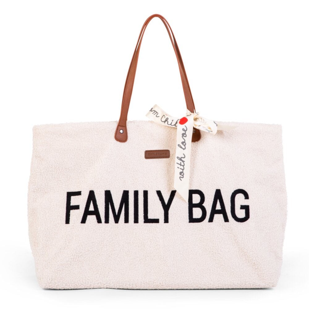 Biała torba dla mamy z napisem family bag i brązowymi uchwytami z materiału przypominającego plusz. Childhome Torba Family Bag Teddy Bear White (Limited Edition)