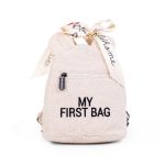 Biały dziecięcy plecak z materiału pluszowego z napisem my first bag i kokardą dla dziecka. Childhome Plecak dziecięcy My First Bag Teddy Bear White (Limited Edition)