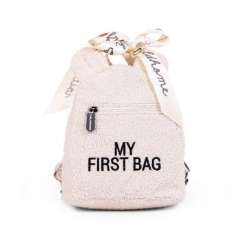 Biały dziecięcy plecak z materiału pluszowego z napisem my first bag i kokardą dla dziecka. Childhome Plecak dziecięcy My First Bag Teddy Bear White (Limited Edition)