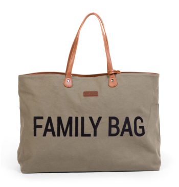 Torba mommy bag khaki z czarnym napisem family bag z brązowymi uchwytami z ekoskóry. Childhome Torba Family bag Kanwas Khaki