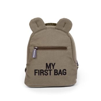 Dziecięcy plecak khaki z uszami i napisem my first bag dla dziecka. Childhome Plecak dziecięcy My first bag Kanwas Khaki
