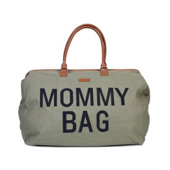 Torba mommy bag z khaki materiału z brązowymi uchwytami dla mamy. Childhome Torba Mommy bag Kanwas Khaki