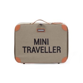 Walizka dziecięca Mini Traveller materiał kanwas kolor khaki z brązowymi wstawkami dla dziecka. Childhome Walizka dziecięca Mini Traveller Kanwas Khaki