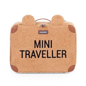 Walizka dziecięca w kolorze jasnobrązowym z uszami misia i napisem mini traveller dla dziecka. Childhome Walizka dziecięca Mini Traveller Teddy bear