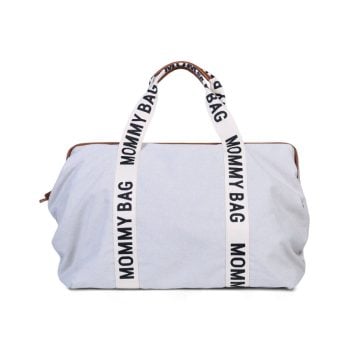 Szara torba mommy bag z nadrukiem na uchwytach dla mamy. Childhome Torba Mommy Bag Signature Szara