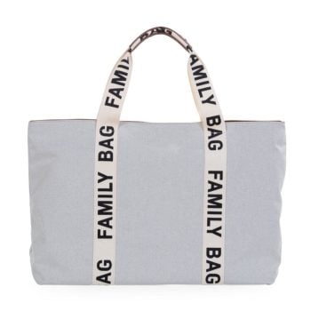 Szara torba dla mamy z nadrukiem family bag na uchwytach materiałowa duża na ramię. Childhome Torba Family Bag Signature Szara