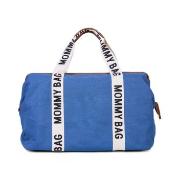 Torba dla mamy w kolorze indygo z białymi uchwytami z napisem mommy bag. Childhome Torba Mommy Bag Signature Indygo
