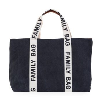 Czarna torba dla mamy z białymi uchwytami z napisem family bag. Childhome Torba Family Bag Signature Czarna