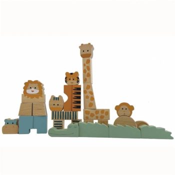 Drewniane klocki konstrukcyjne w kształcie zwierząt dżungli lwa tygrysa żyrafy zebry hipopotama i małpy dla dzieci. Egmont Toys Drewniane klocki konstrukcyjne -Dżungla