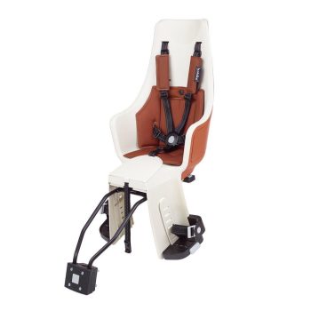 Fotelik rowerowy dla dziecka biały z brązową wkładką i czarnym stelażem mocowanie do ramy roweru. Bobike Fotelik row.excl.Maxi PLUS LED 1P rama cinnamon br