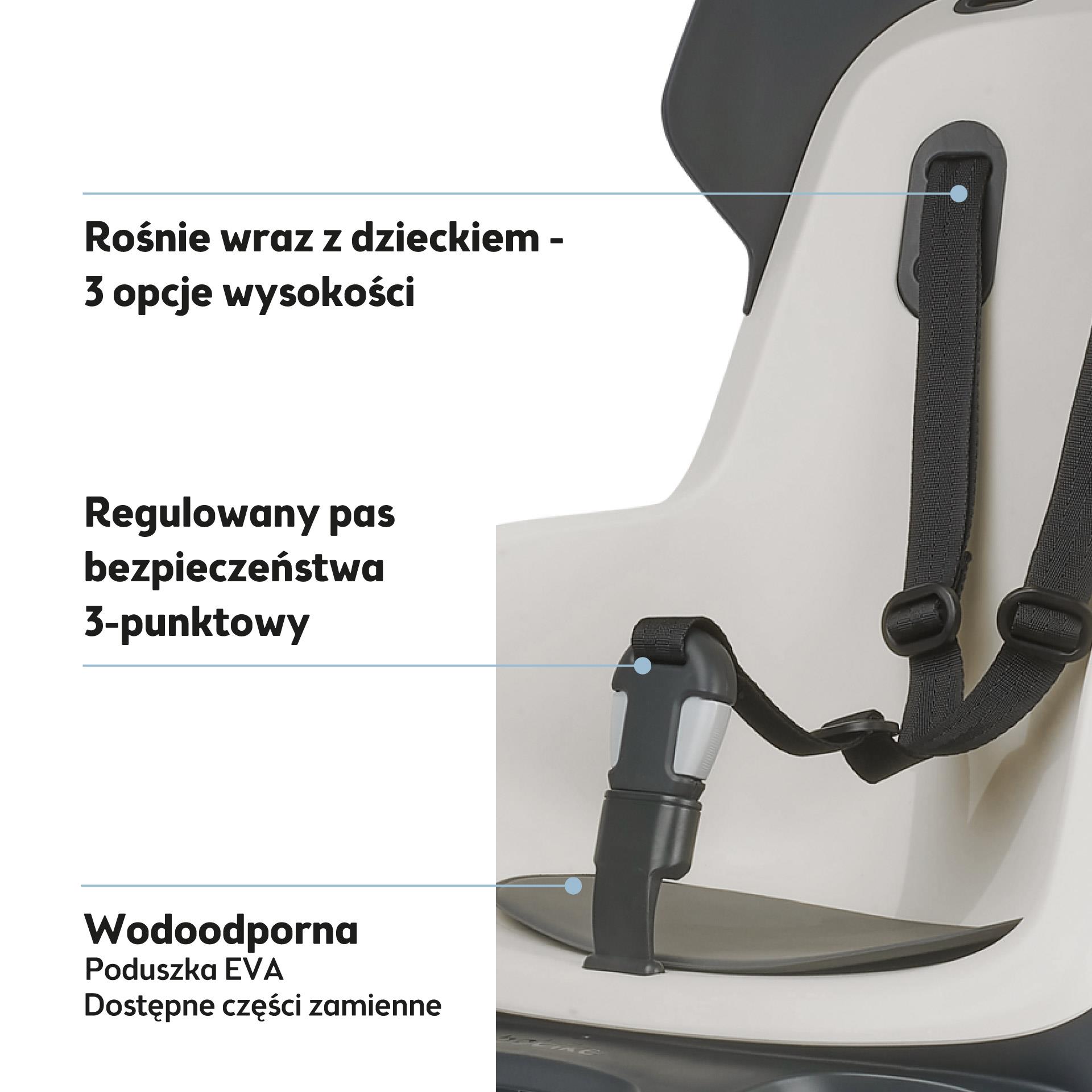 Biały fotelik rowerowy na bagażnik z różowymi elementami i regulowanym 3-punktowym pasem bezpieczeństwa dla dziecka. Bobike Fotelik row. GO bagażnik MIK HD Candy Pink