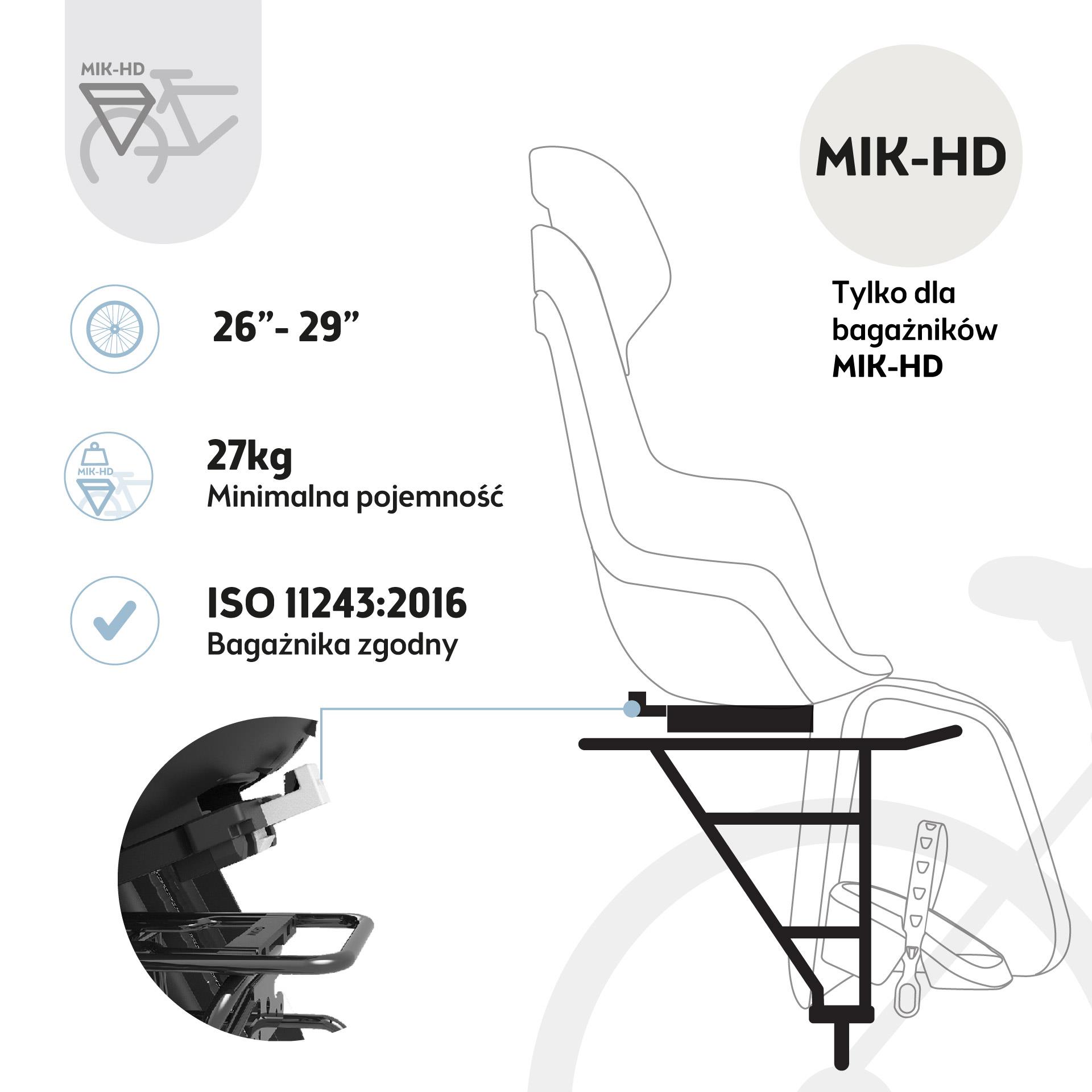 Schemat fotelika rowerowego na bagażnik MIK HD z oznaczeniami rozmiaru i maksymalnej wagi 27 kg oraz zgodności z normą ISO 11243 2016. Bobike Fotelik row. GO bagażnik MIK HD Candy Pink