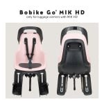 Fotelik rowerowy dla dziecka na bagażnik w kolorze różowym z czarnymi elementami z pasami bezpieczeństwa. Bobike Fotelik row. GO bagażnik MIK HD Candy Pink