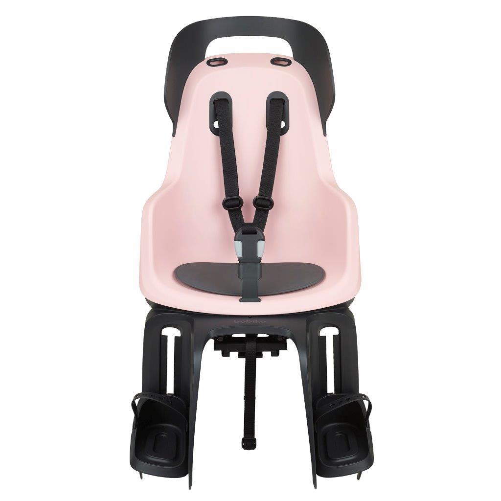 Różowy fotelik rowerowy na bagażnik z pasami bezpieczeństwa i podnóżkami dla dziecka. Bobike Fotelik row. GO bagażnik MIK HD Candy Pink