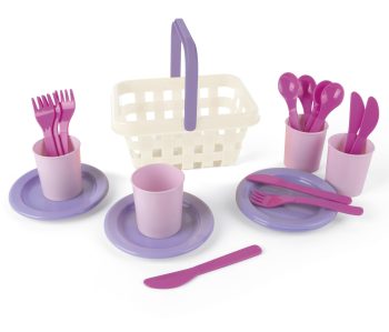 Zestaw plastikowej zastawy dziecięcej w kolorach różowym i fioletowym z koszykiem do zabawy w piknik dla dzieci powyżej 2 lat. Dantoy Kosz i zestaw piknikowy MY LITTLE PRINCESS 2+