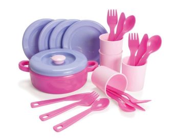 Zestaw obiadowy dla dzieci talerze kubki sztućce garnek różowo-fioletowy plastikowy. MY LITTLE PRINCESS Zestaw obiadowy