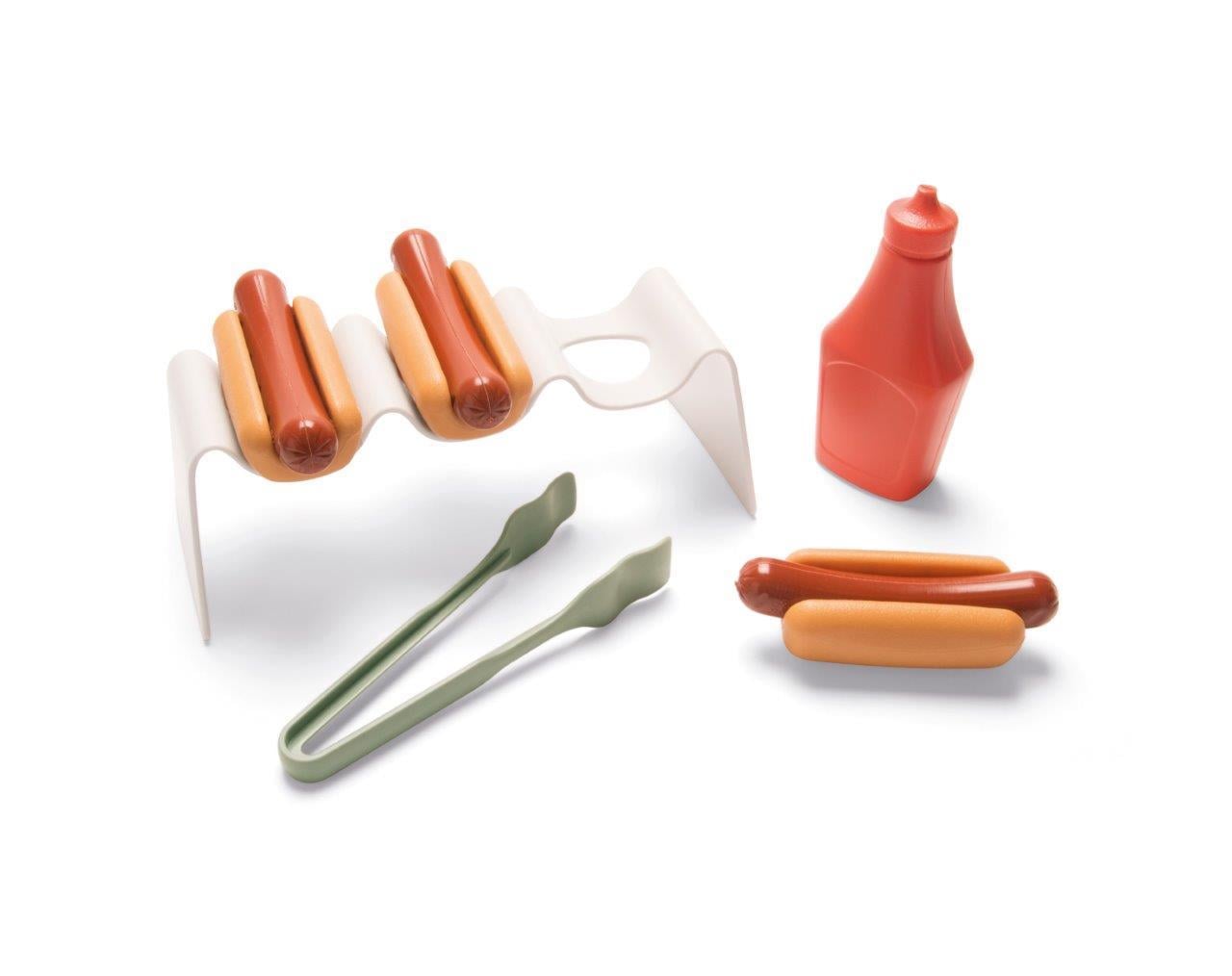 Zestaw do zabawy w gotowanie hot dogi z plastikowymi parówkami ketchupem i szczypcami dla dzieci. Dantoy GREEN GARDEN Zestaw do hot dogów