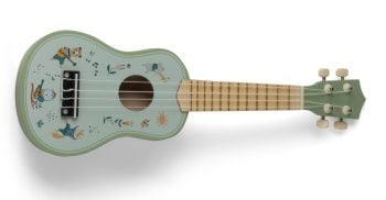 Drewniana gitara dla dzieci w kolorze zielonym z kolorowymi nadrukami postaci i kwiatów. Dantoy Drewniana gitara dla dzieci
