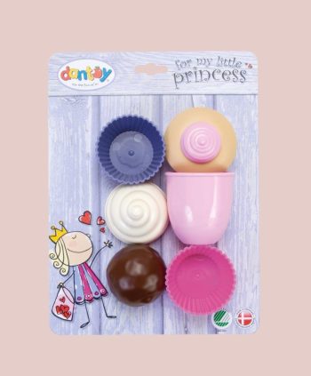 Zestaw plastikowych zabawek deserowych babeczka i lody dla dziecka w kolorach różowym białym brązowym i granatowym. Dantoy MY LITTLE PRINCESS deserowy mix babeczki i lody