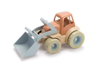 Plastikowy traktor zabawkowy w kolorze beżowo-brązowym z łyżką do kopania dla dziecka. Dantoy BIO traktor