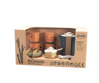Zestaw kawowy dla dzieci z kubkami dzbankiem i akcesoriami niebieski z bioplastiku. Dantoy BIO zestaw kawowy blue