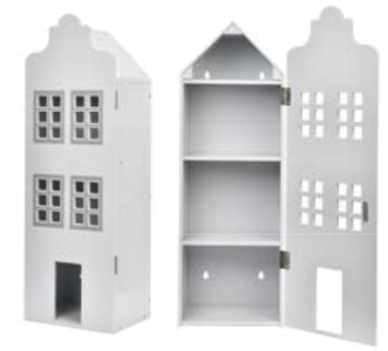 Drewniany biały domek dla lalek Town House z otwieranymi drzwiami i trzema półkami wnętrza. byAstrup Domek dla lalek Town House