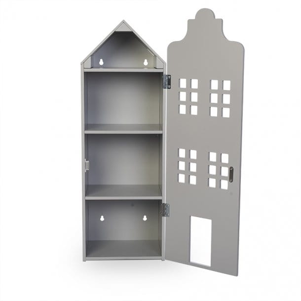 Drewniany domek dla lalek Town House szary z otwieranymi drzwiami i trzema półkami. byAstrup Domek dla lalek Town House