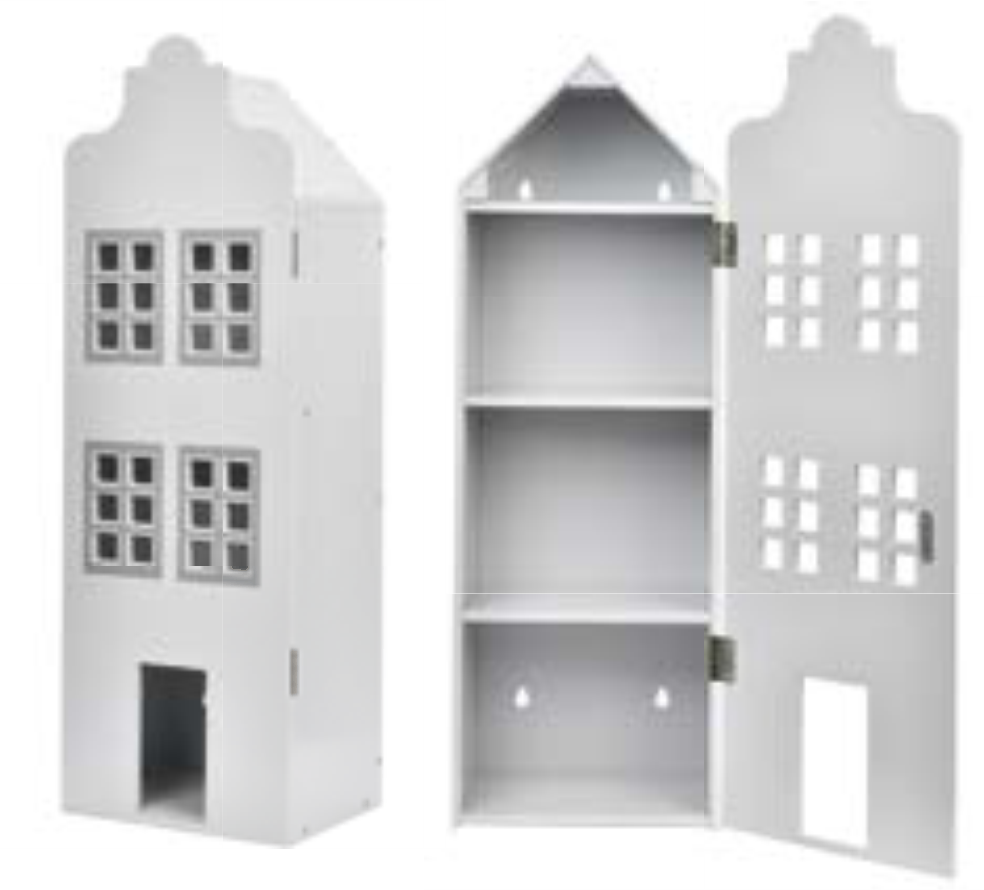 Drewniany biały domek dla lalek Town House z otwieranymi drzwiami i trzema półkami wnętrza. byAstrup Domek dla lalek Town House