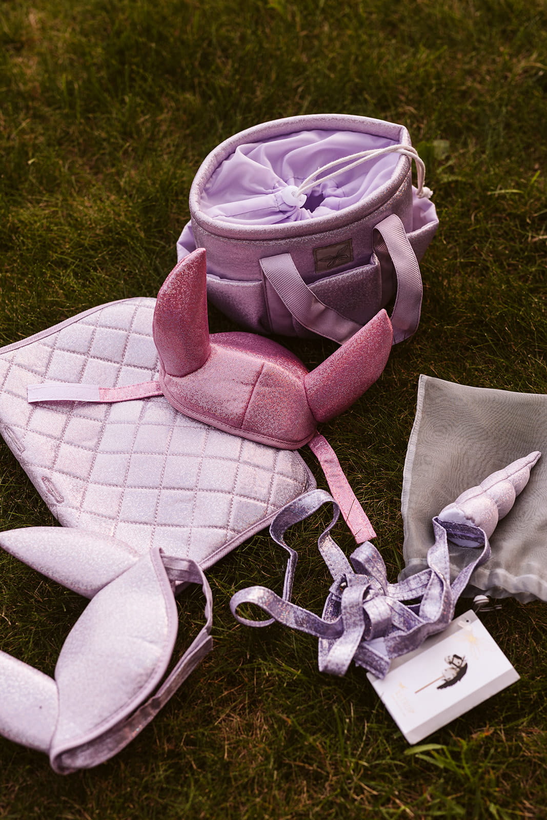 Fioletowa błyszcząca torba na akcesoria do Hobby Horse na trawie z różowymi i fioletowymi akcesoriami jeździeckimi dla dziecka. byAstrup Fioletowa torba na akcesoria do Hobby Horse błyszcząca brokatem