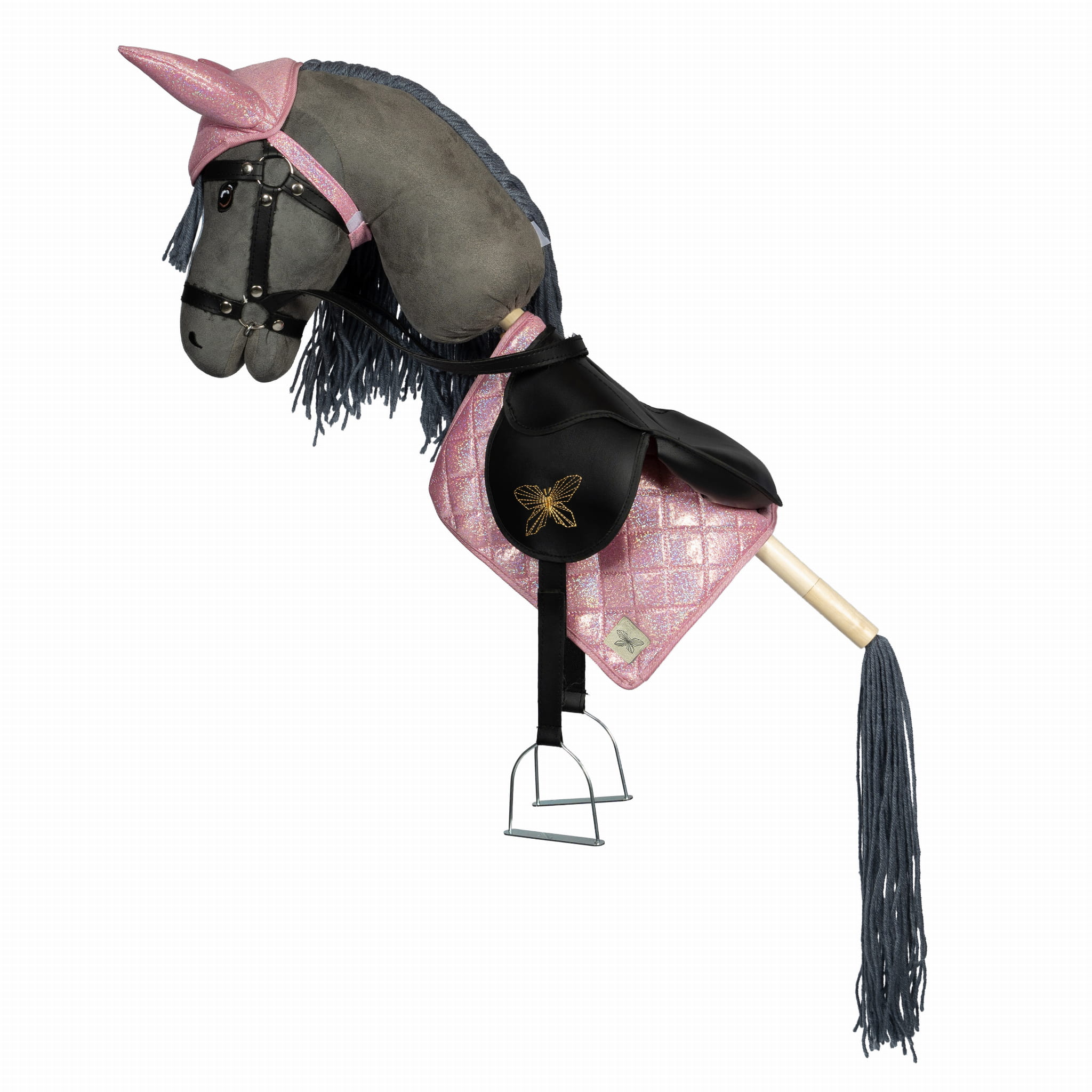 Zabawka koń na kiju z różową podkładką pod siodło i różową bonetką dla hobby horse. byAstrup Podkładka pod siodło i bonetka dla Hobby Horse konia, różowa