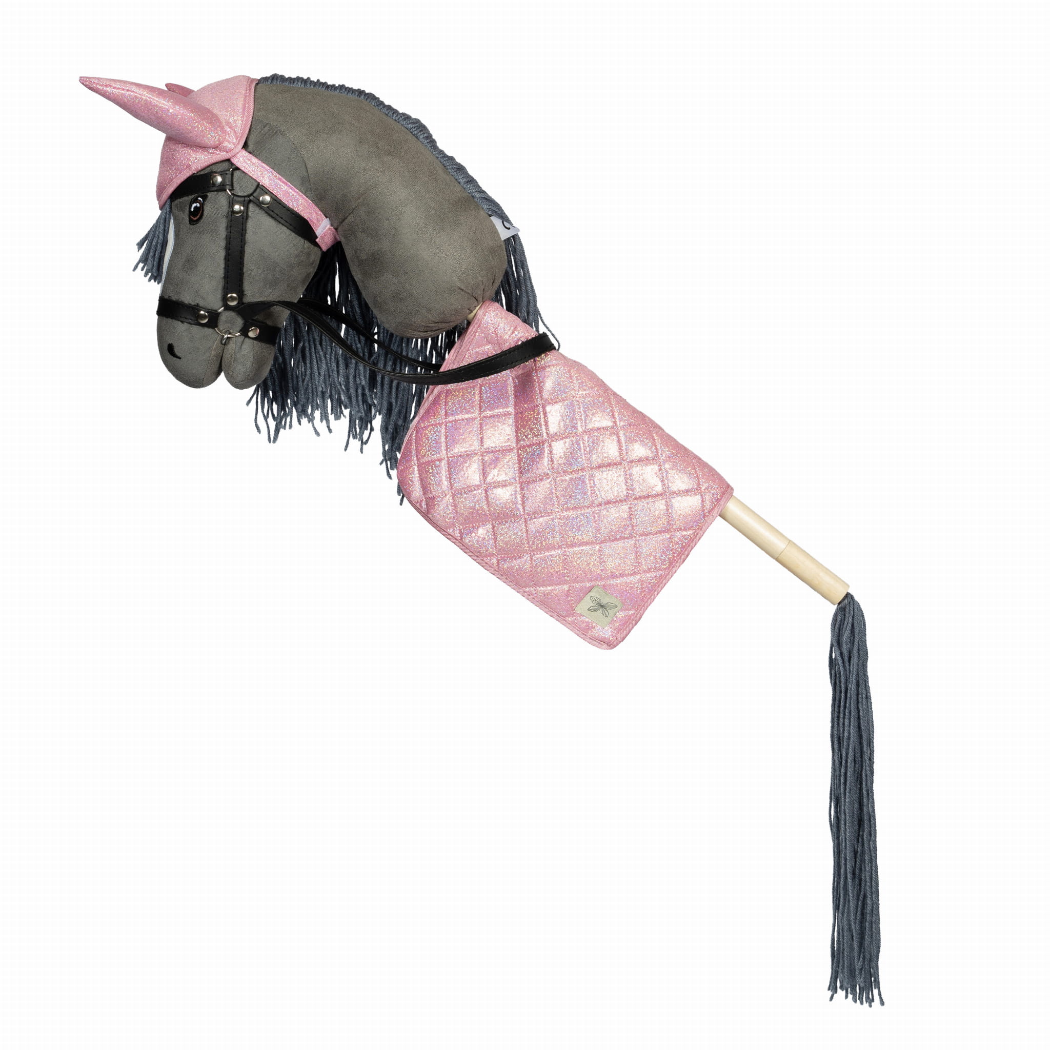 Różowa podkładka pod siodło i bonetka dla konia Hobby Horse z materiału pikowanego i tkaniny na głowę konia. byAstrup Podkładka pod siodło i bonetka dla Hobby Horse konia, różowa