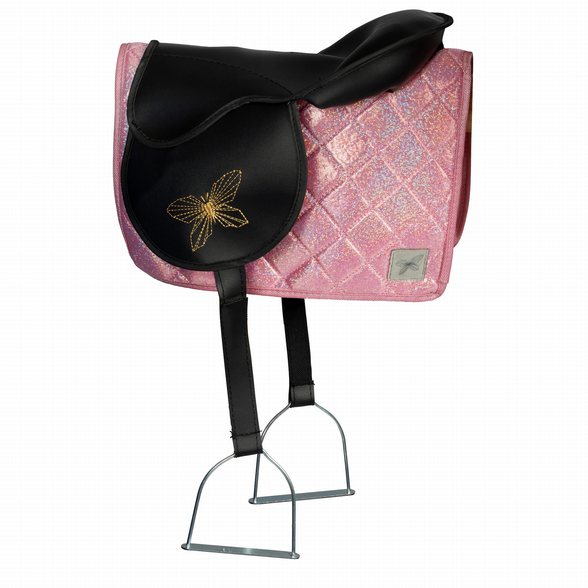 Czarno-różowa podkładka pod siodło i bonetka dla konia Hobby Horse z metalowymi strzemionami. byAstrup Podkładka pod siodło i bonetka dla Hobby Horse konia, różowa