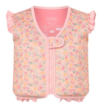 Różowa kamizelka do pływania dla dziecka w kwiatowy wzór z falbankami na ramionach i dole. Vanilla Copenhagen Kamizelka do pływania Neo Liberty Beach pink 3-6L