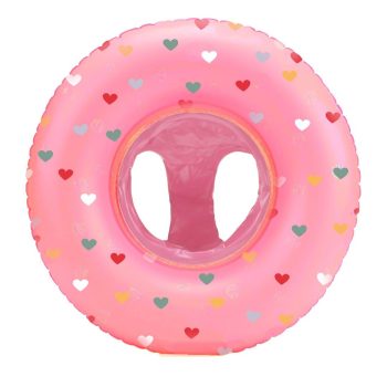 Różowe koło do pływania dla niemowlaka z kolorowymi serduszkami i siedziskiem z otworami na nogi. Vanilla Copenhagen Koło do pływania Baby Rosy Hearts Vanilla Copenhag