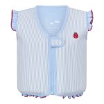 Kamizelka do pływania dla dziecka w jasnoniebieskie paski z motywem biedronki i falbankami na ramionach. Vanilla Copenhagen Kamizelka do pływania Neo Blue Ladybug 3-6L