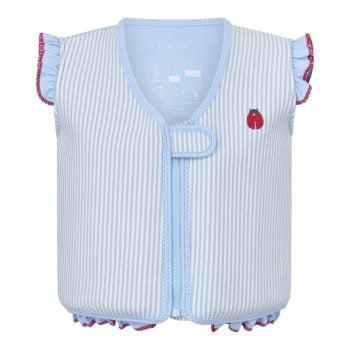 Kamizelka do pływania dla dziecka w jasnoniebieskie paski z motywem biedronki i falbankami na ramionach. Vanilla Copenhagen Kamizelka do pływania Neo Blue Ladybug 3-6L