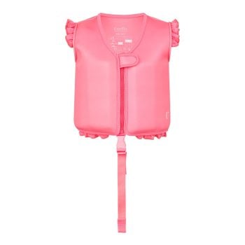 Różowa kamizelka do pływania dla dziecka z falbankami na ramionach i paskiem pod brzuchem. Vanilla Copenhagen Kamizelka do pływania Neo Rosy 1-3L 11-20kg